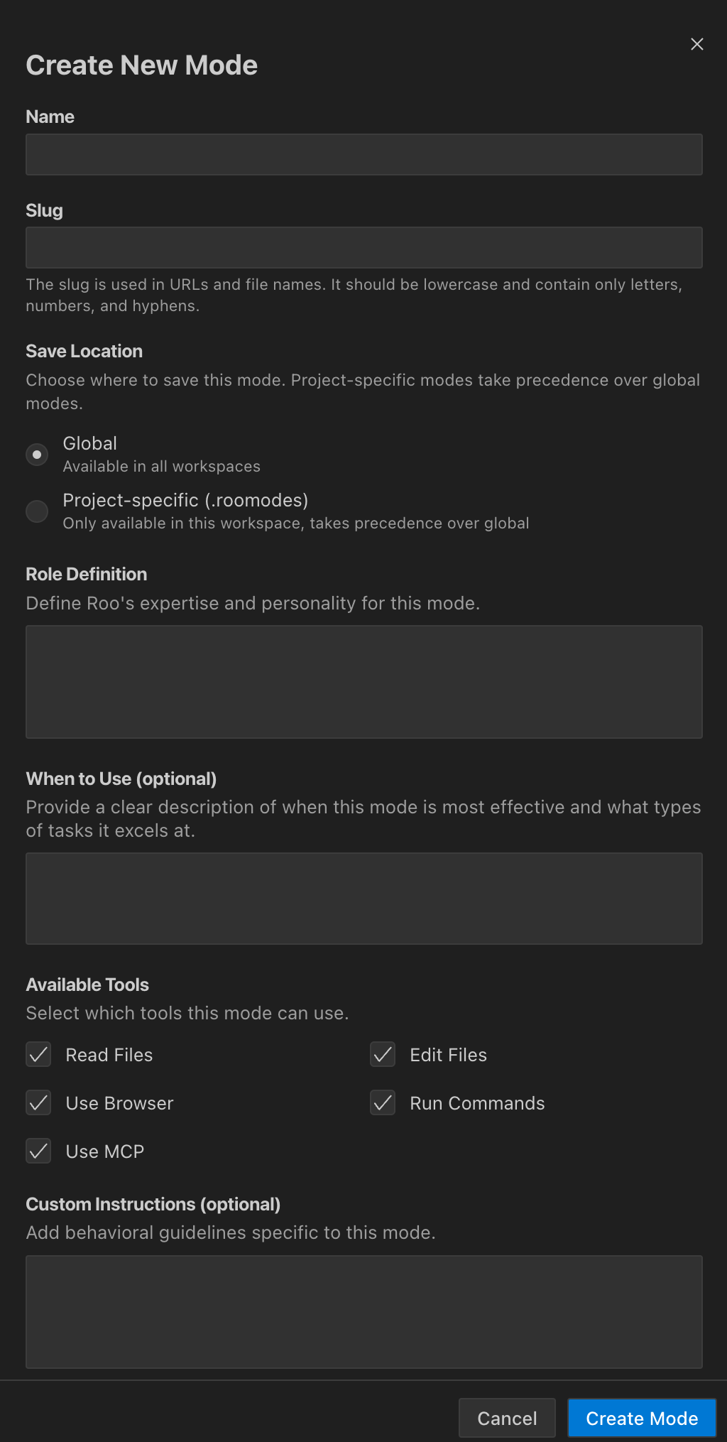 Custom mode creation interface on the Modes page