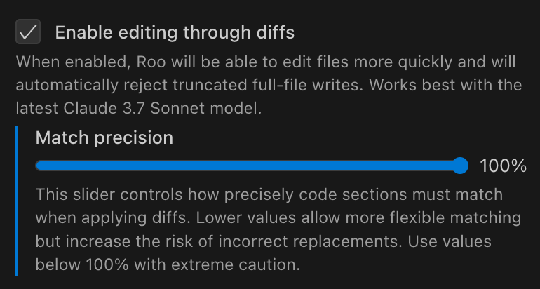 Roo Code settings showing Enable editing through diffs
