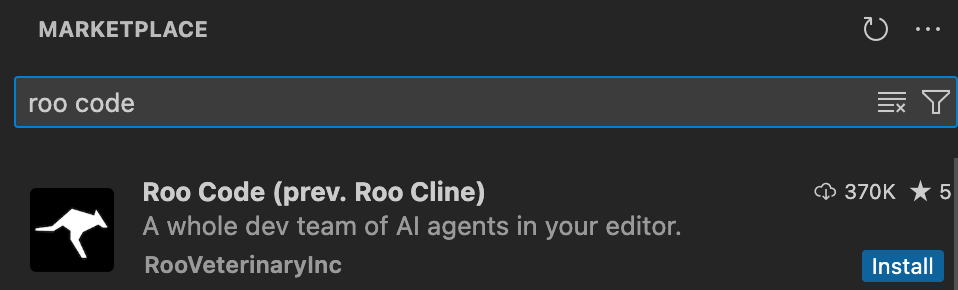 VS Code marketplace with Roo Code extension ready to install