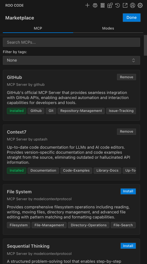 MCP tab showing available MCPs with install and remove buttons