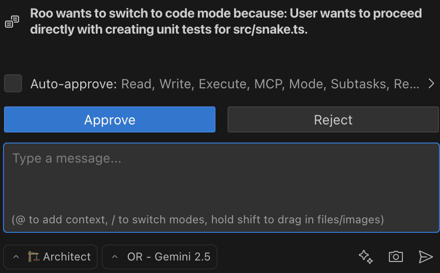 Accepting a mode switch suggestion from Roo